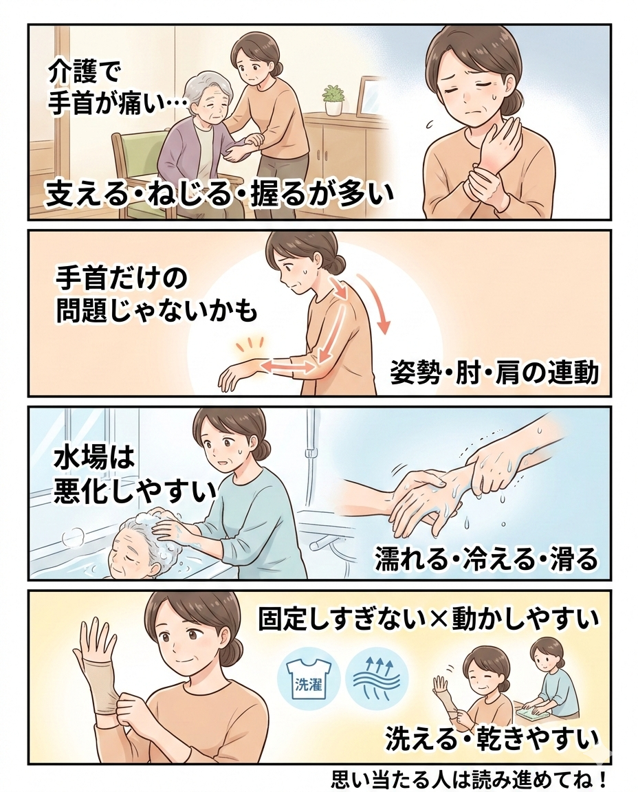 介護現場で選ばれる、水仕事にも使えるメッシュ素材の手首サポーター